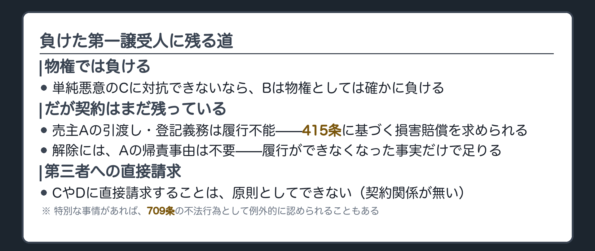 物権では負けても、債権では別問題であることを示す板。BはAに対して、履行不能を理由とする債務不履行の損害賠償請求(415条)や契約の解除を求められる。第三者への直接請求は原則できない。