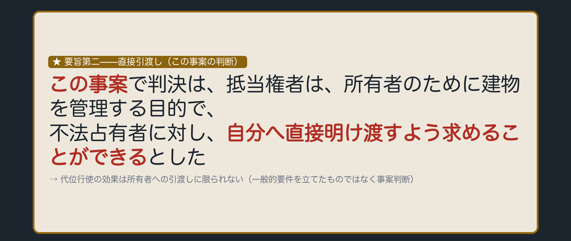直接引渡しの板。代位行使の効果は所有者への引渡しに限られない。この事案で判決は、抵当権者は、所有者のために建物を管理する目的で、不法占有者に、自分へ直接明け渡すよう求めることができる、とした。