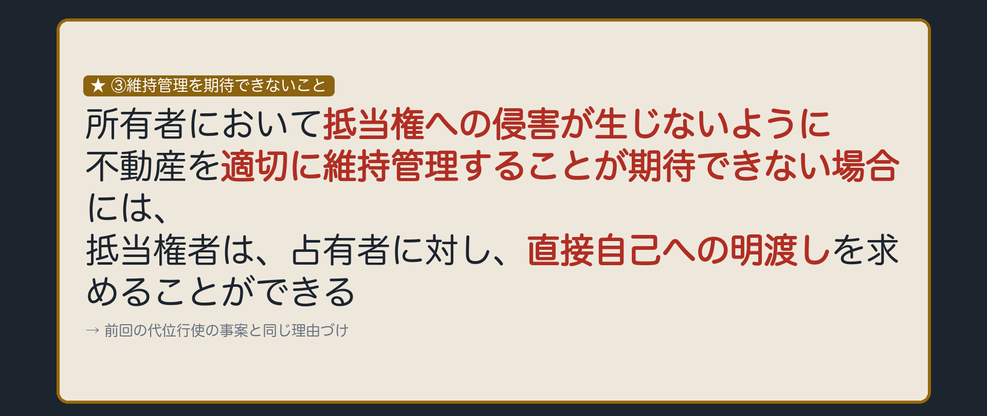 直接引渡しの板。抵当権者が妨害排除請求権を行使するにあたり、所有者において抵当権への侵害が生じないように不動産を適切に維持管理することが期待できない場合には、抵当権者は、占有者に対し、直接自己への明渡しを求めることができる。前回の代位行使の事案と同じ理由づけ。