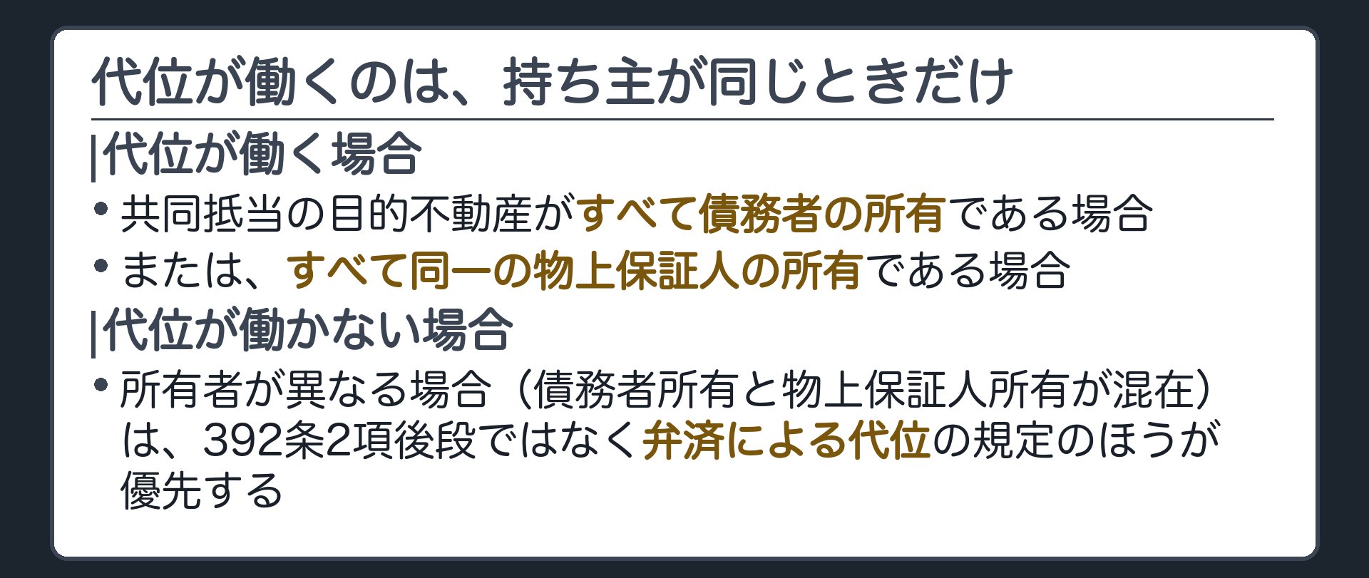 適用範囲の板。392条2項後段の代位が働くのは、共同抵当の目的である不動産がすべて債務者の所有である場合、または、すべて同一の物上保証人の所有である場合に限る。所有者が異なる場合(債務者所有と物上保証人所有が混在)は、この規定ではなく別の規定が優先する。