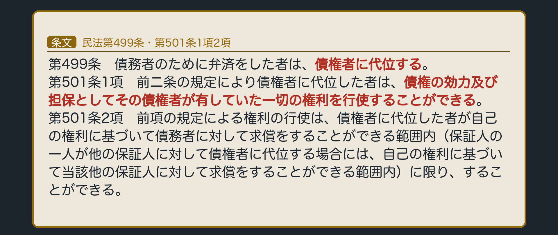 499条・501条の全文カード背景。弁済による代位の骨格。他人の借金を肩代わりして払った人は、債権者が持っていた被担保債権と抵当権をそのまま引き継いで使える。