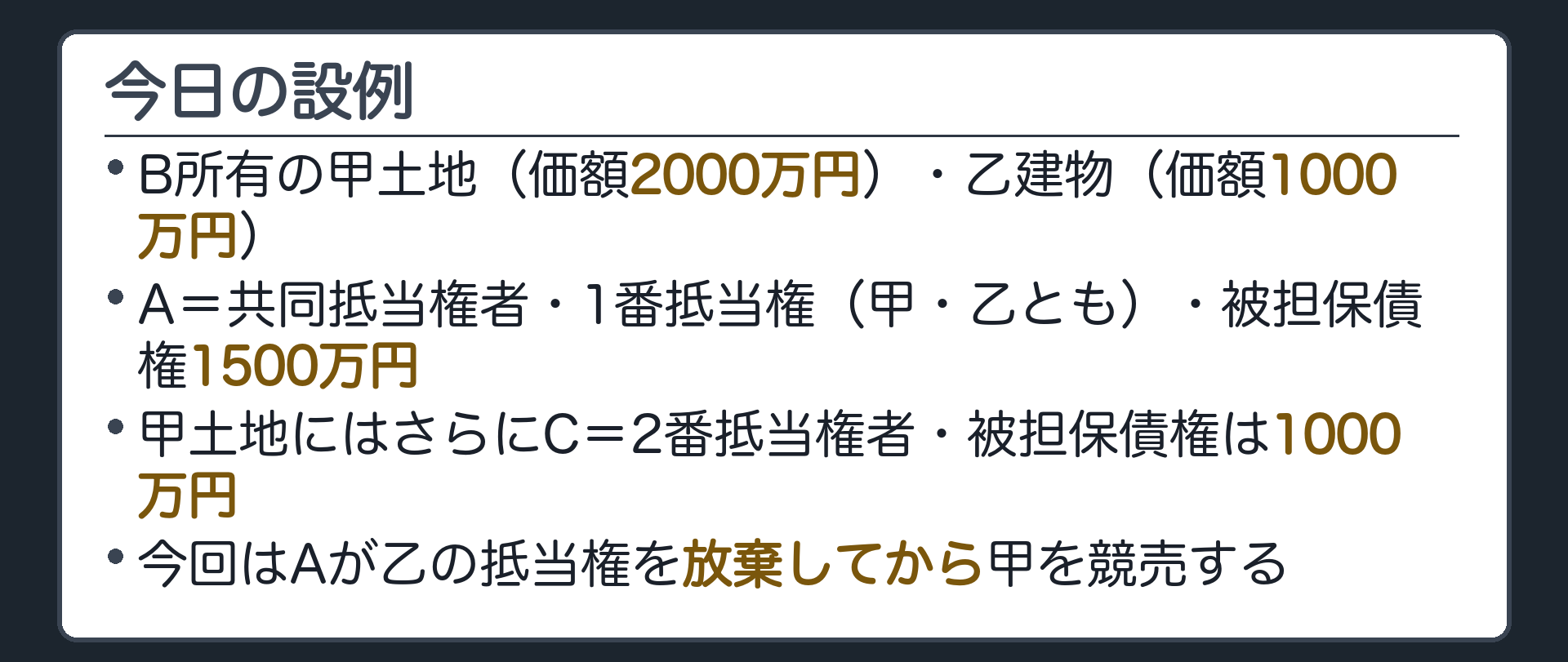 放棄の場面の配当設例板。前回と同じ甲2000万円(B所有)・乙1000万円(B所有)・A(共同抵当・1番・1500万円)・C(甲の2番・1000万円)。今回はAが乙の抵当権を放棄してから甲を競売する。