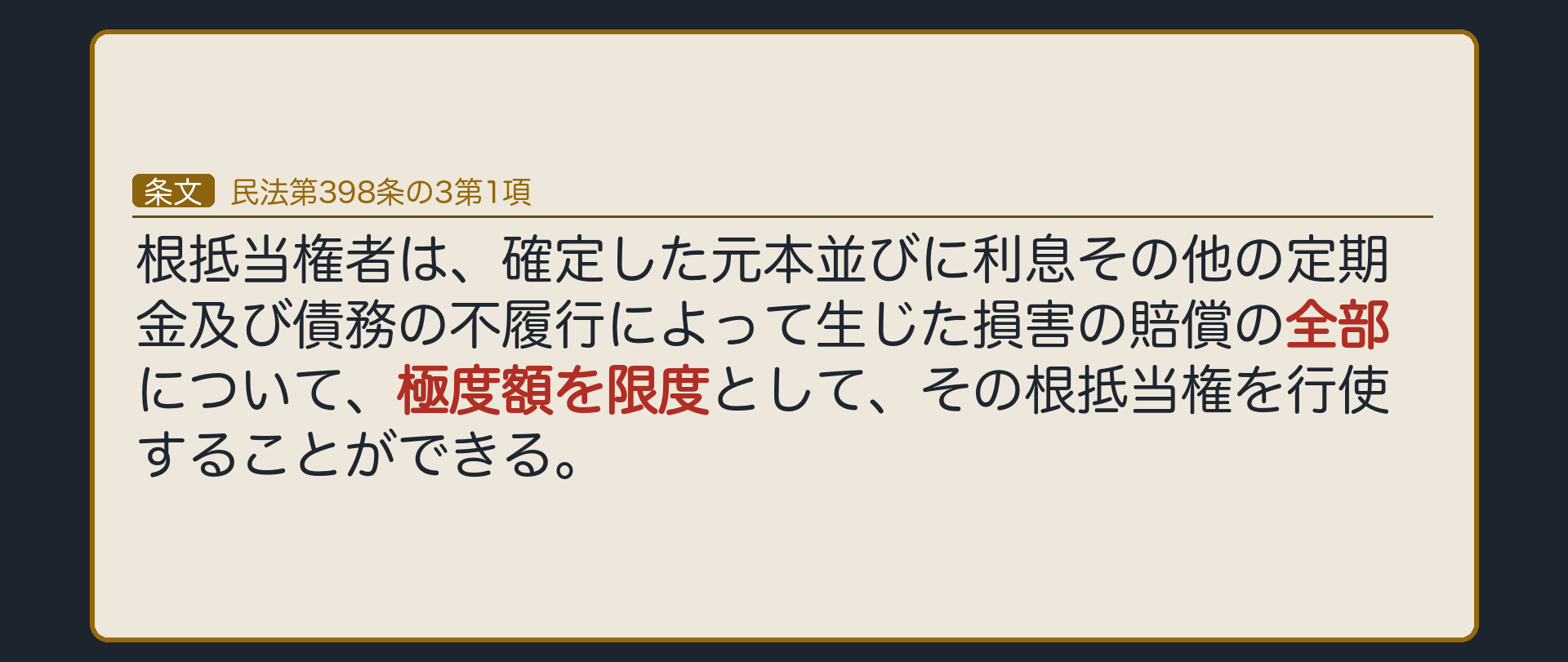 398条の3第1項の全文カード背景。極度額を限度として、確定した元本と、利息その他の定期金及び債務不履行による損害賠償の全部を担保する。375条の「最後の2年分」の制限は適用されない。