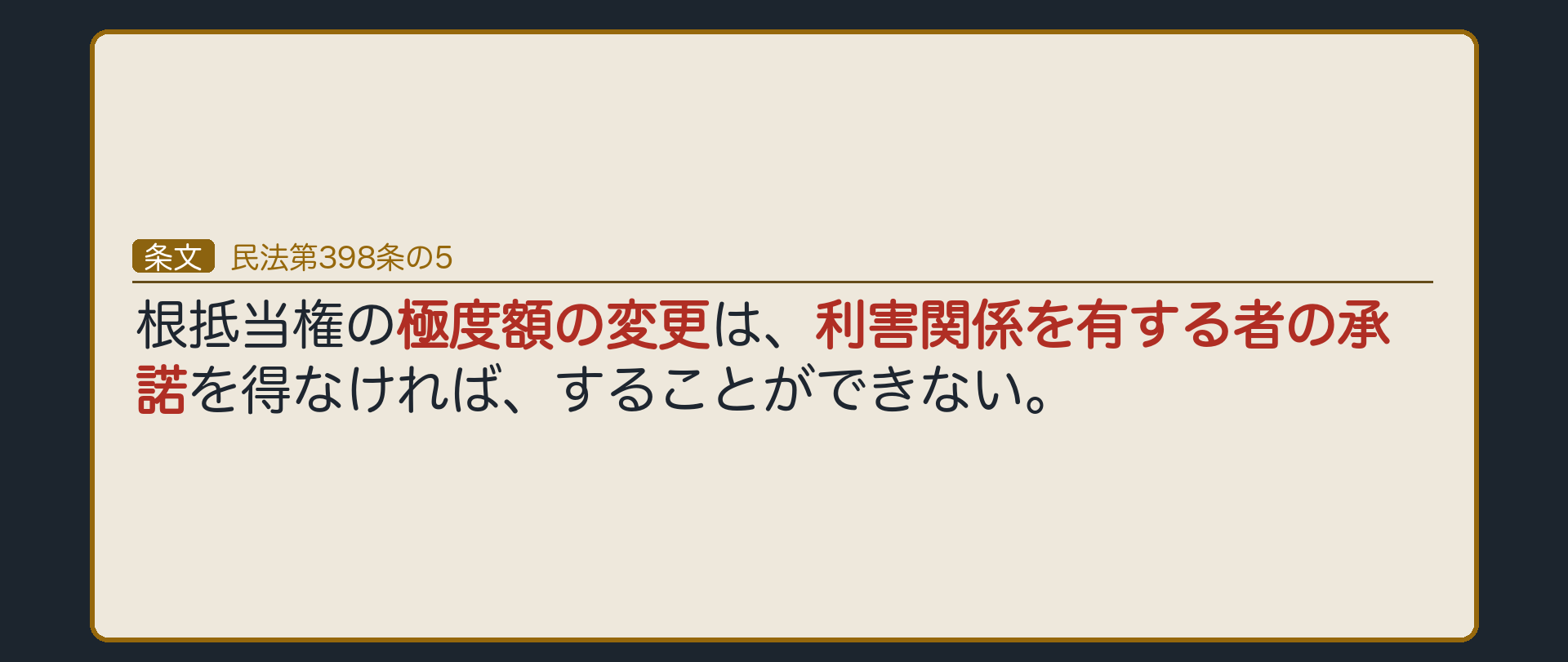 398条の5の全文カード背景。極度額の変更は利害関係を有する者の承諾を得なければすることができない。増額なら後順位抵当権者・差押債権者、減額なら転抵当権者などが「利害関係を有する者」にあたる。