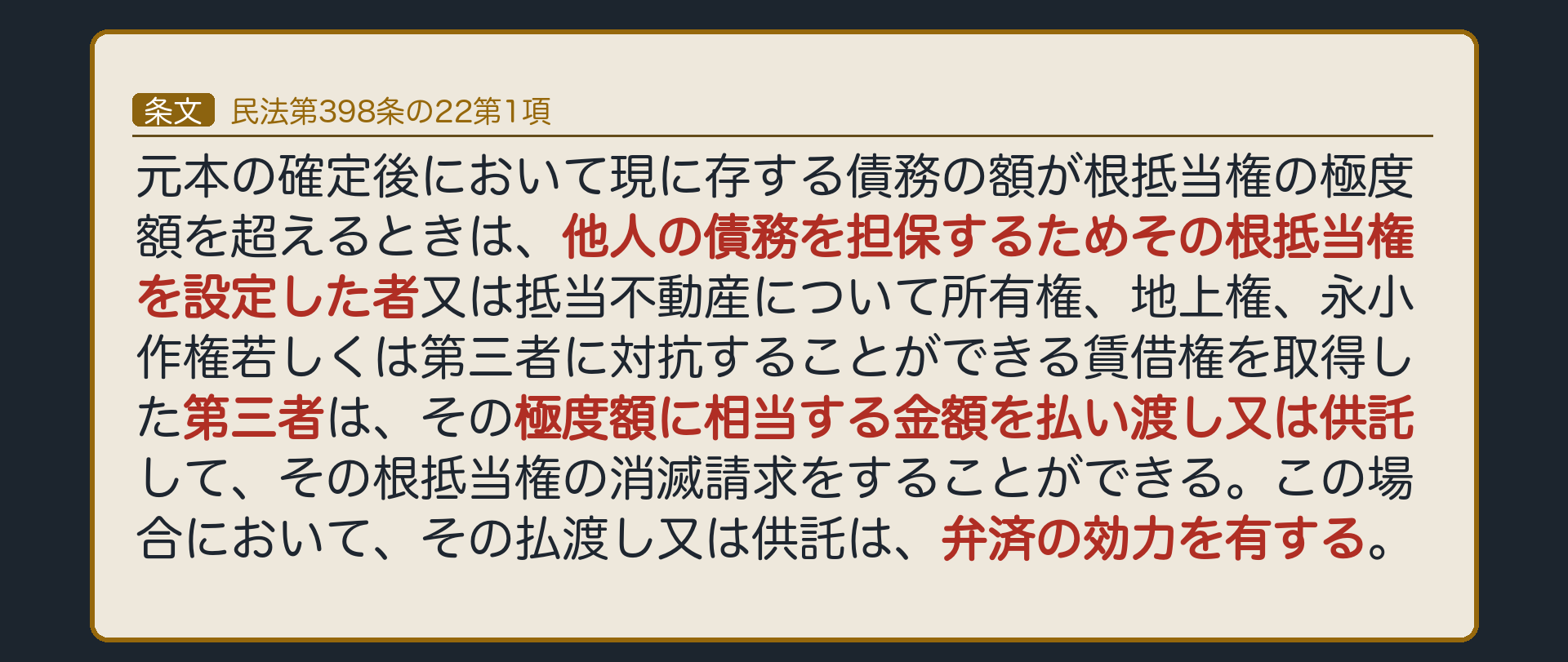 398条の22の全文カード背景。元本確定後、現に存する債務が極度額を超えるとき、物上保証人本人または第三取得者等は、極度額に相当する金額を払い渡し又は供託して根抵当権の消滅請求ができる。この払渡し・供託は弁済の効力を持つ。