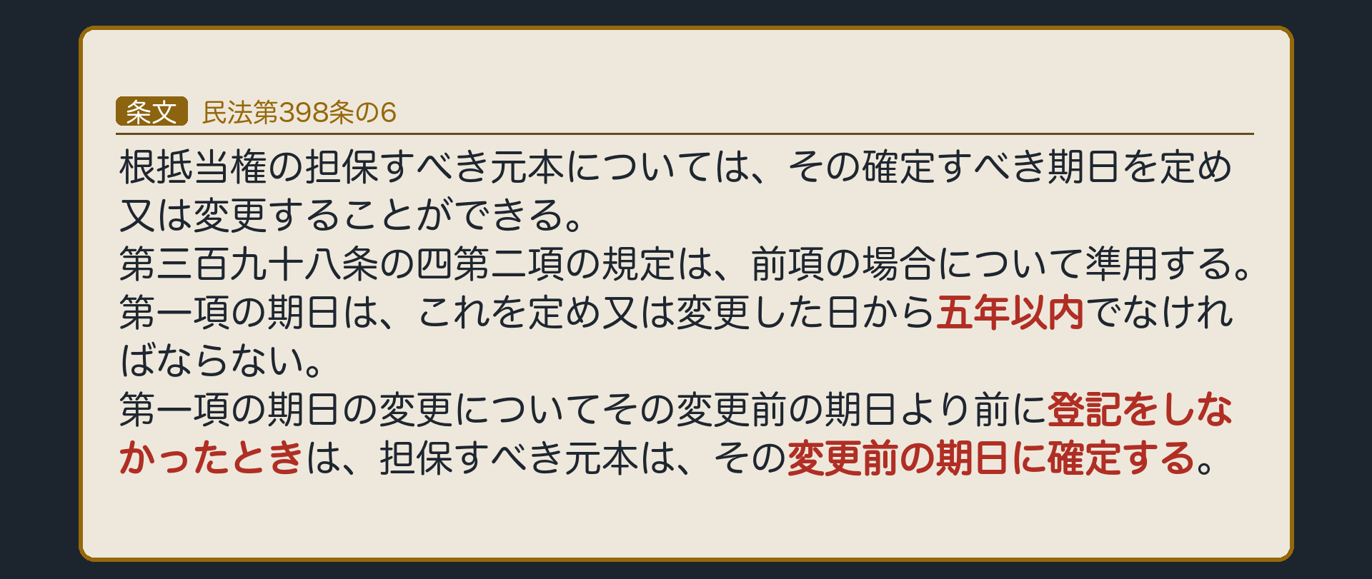 398条の6の全文カード背景。根抵当権者と設定者は確定すべき期日を定め・変更できる。期日は定め又は変更した日から5年以内。期日の変更に第三者の承諾は不要。変更前の期日より前に登記をしなければ、変更前の期日に確定する。