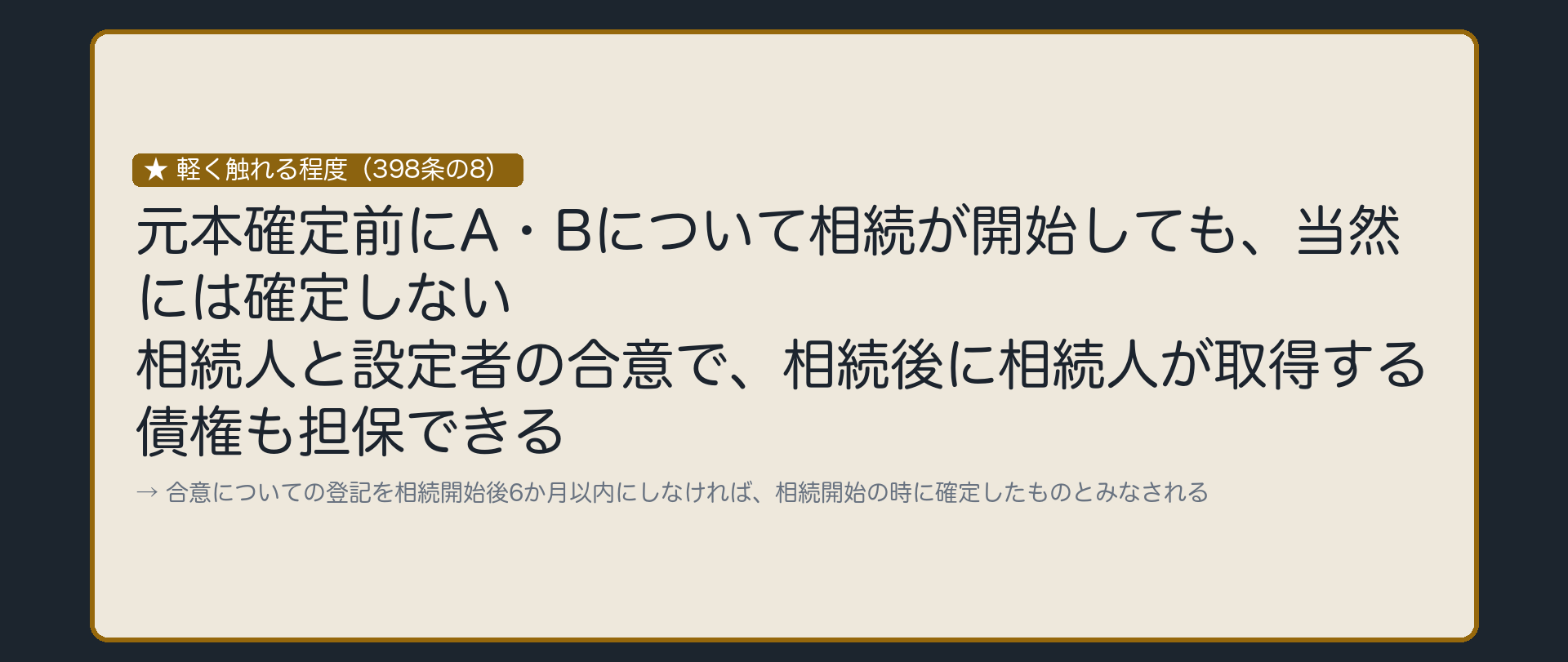 398条の8の一言板(薄)。元本確定前に根抵当権者・債務者について相続が開始したとき、相続開始時に存する債権に加え、相続人と設定者の合意で定めた相続人が相続開始後に取得する債権も担保できる。合意についての登記を相続開始後6か月以内にしなければ、相続開始の時に確定したものとみなされる。