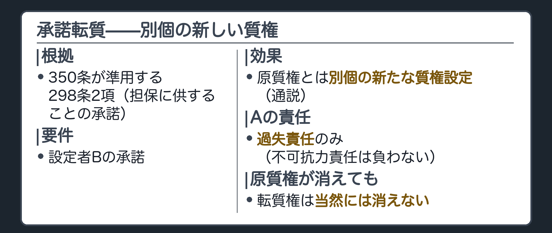 承諾転質の板。根拠=350条が準用する298条2項(担保に供することの承諾)。要件=設定者Bの承諾。効果=原質権とは別個の新たな質権設定(通説)。Aは過失責任のみ、不可抗力責任は負わない。原質権が消えても転質権は当然には消えない。