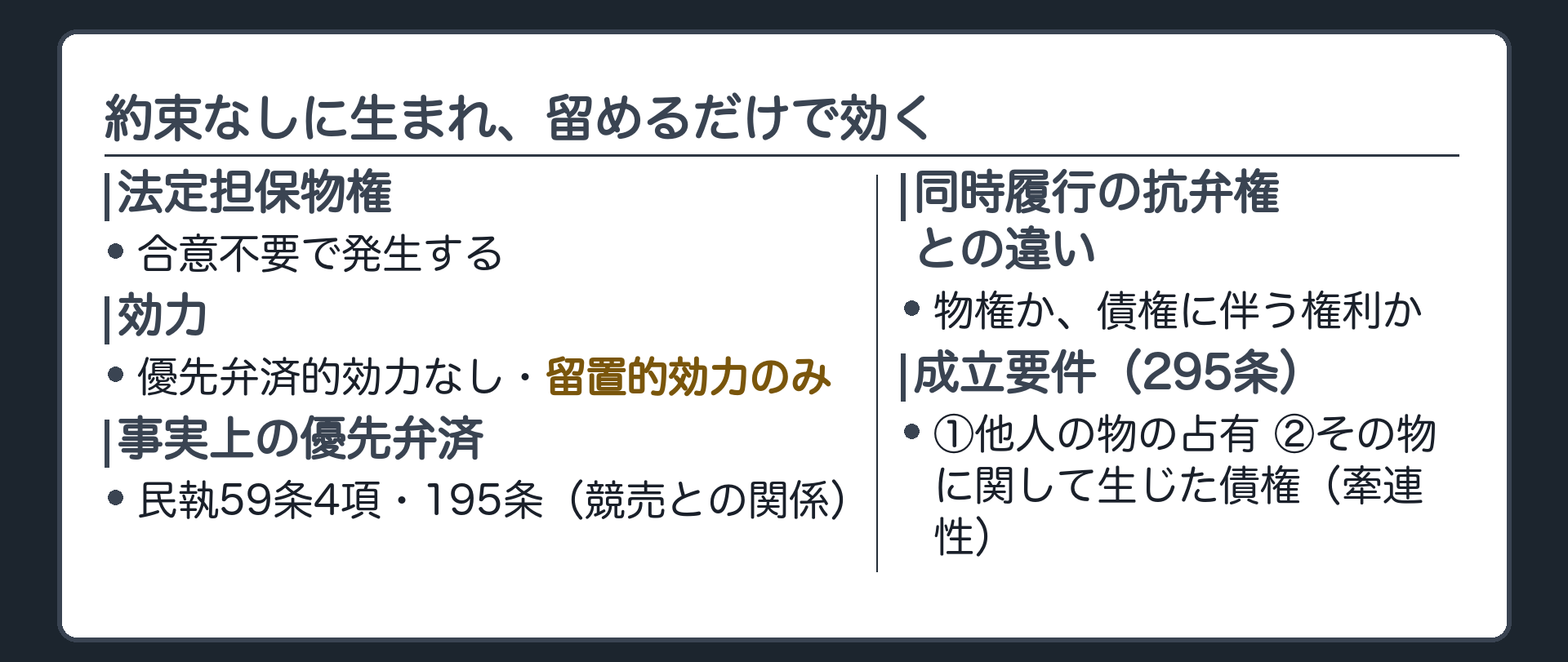 今日のまとめ板。「法定担保物権(合意不要)」「優先弁済的効力なし・留置的効力のみ」「事実上の優先弁済(民執59条4項・195条)」「同時履行の抗弁権との違い(物権か債権に伴う権利か)」「成立要件(295条)＝①他人の物の占有②その物に関して生じた債権(牽連性)」の5項目を1枚に並べる。