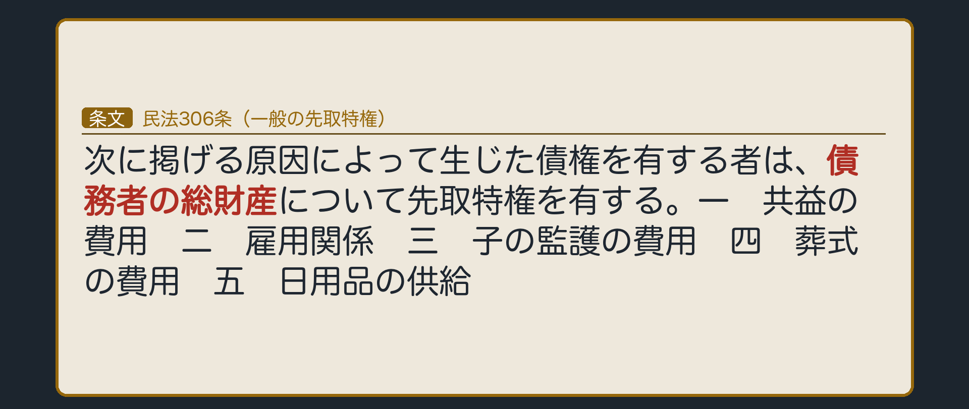 306条全文カード背景。「次に掲げる原因によって生じた債権を有する者は、債務者の総財産について先取特権を有する。一 共益の費用 二 雇用関係 三 子の監護の費用 四 葬式の費用 五 日用品の供給」に下線。