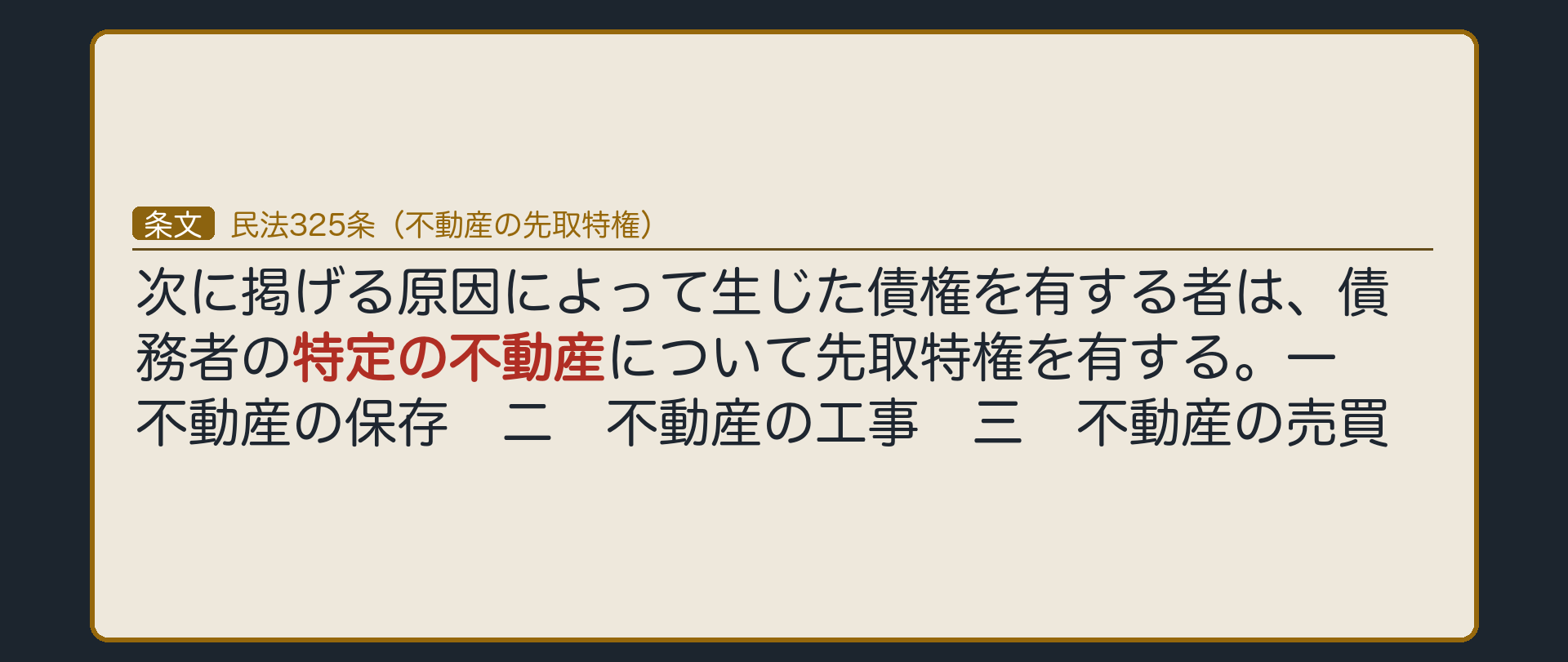325条全文カード背景。「次に掲げる原因によって生じた債権を有する者は、債務者の特定の不動産について先取特権を有する。一 不動産の保存 二 不動産の工事 三 不動産の売買」に下線。