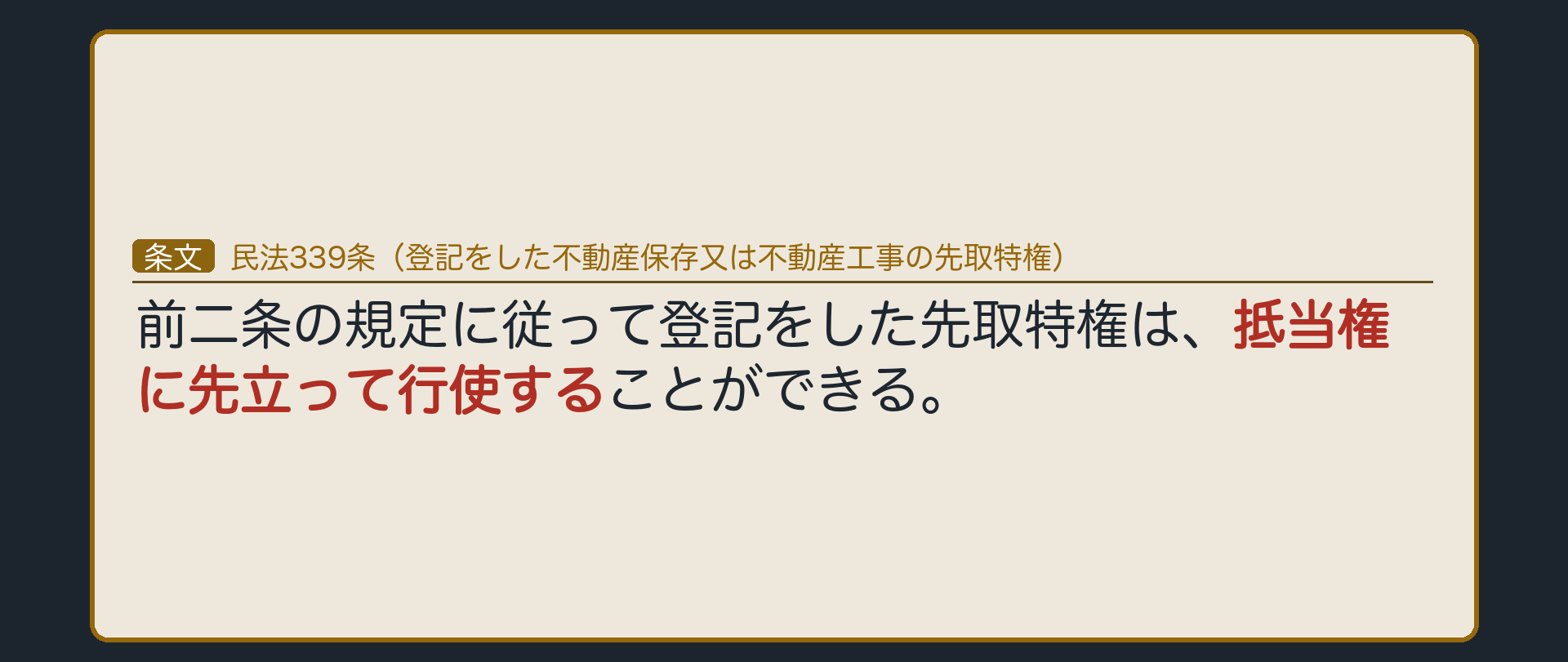 339条全文カード背景。「前二条の規定に従って登記をした先取特権は、抵当権に先立って行使することができる」に下線。