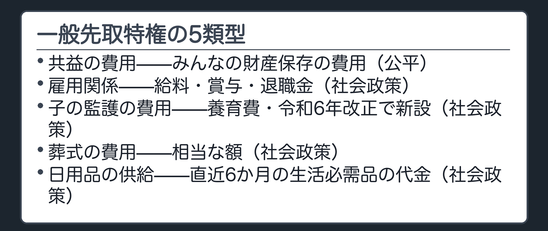 一般先取特権の地図板。5つの原因を列挙し、それぞれに一言理由を添える。①共益の費用(みんなの財産保存の費用・公平)②雇用関係(給料・賞与・退職金・社会政策)③子の監護の費用(養育費・社会政策・令和6年改正で新設)④葬式の費用(相当な額・社会政策)⑤日用品の供給(直近6か月の生活必需品の代金・社会政策)。
