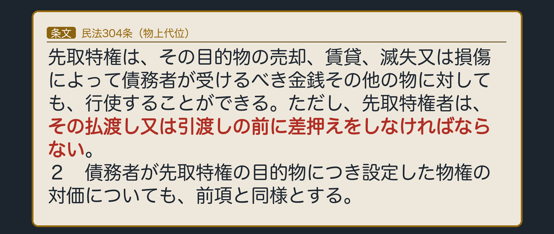 304条の全文カード背景。先取特権は目的物の売却・賃貸・滅失・損傷によって債務者が受けるべき金銭その他の物にも行使できる。ただし払渡し又は引渡しの前に差押えが必要。一般先取特権は債務者の総財産に及ぶため物上代位の実益がなく、動産・不動産先取特権で問題になる。