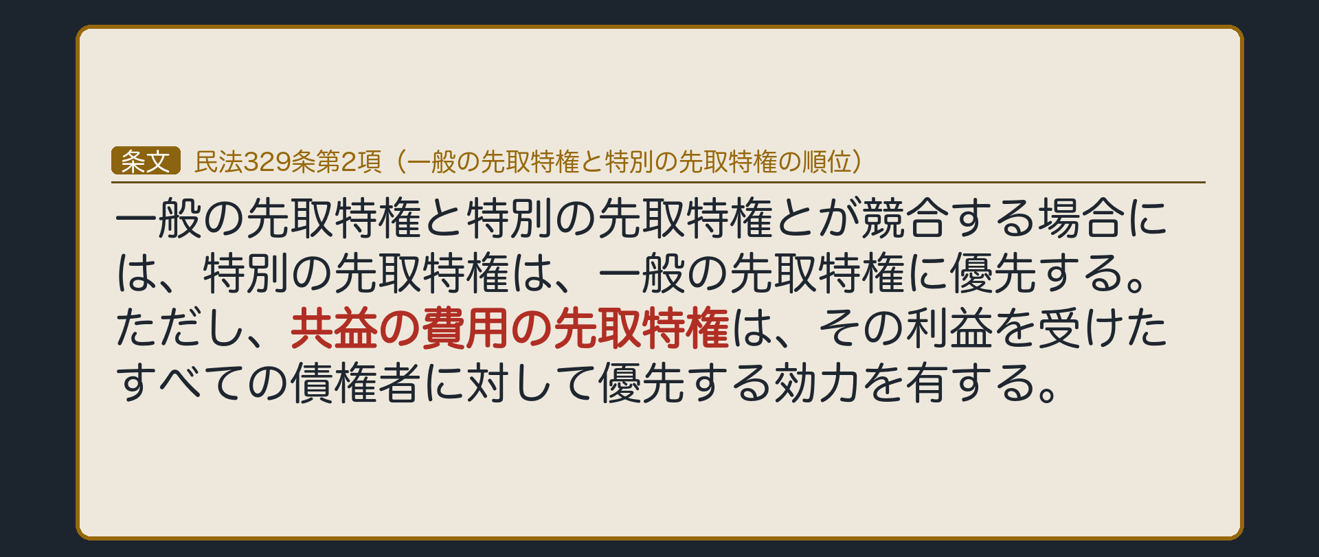 329条2項の全文カード背景。一般の先取特権と特別の先取特権が競合する場合は特別が優先する。ただし共益の費用の先取特権は、その利益を受けたすべての債権者に対して優先する。