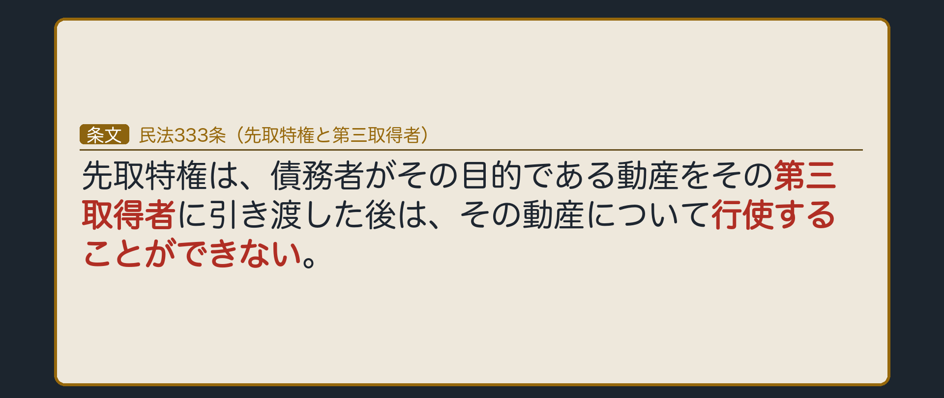 333条の全文カード背景。先取特権は、債務者がその目的である動産をその第三取得者に引き渡した後は、その動産について行使することができない。