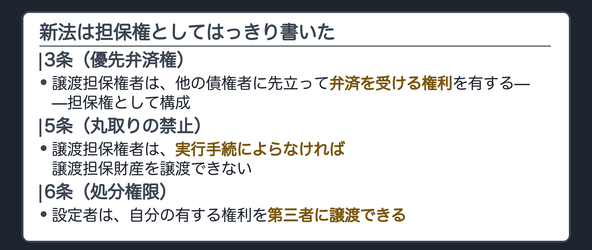 新法3条・5条・6条の全文カード背景。3条=譲渡担保権者は他の債権者に先立って弁済を受ける権利を有する(担保権として構成)。5条=実行手続によらなければ譲渡できない(丸取りの禁止)。6条=設定者は自分の権利を第三者に譲渡できる(処分権限)。