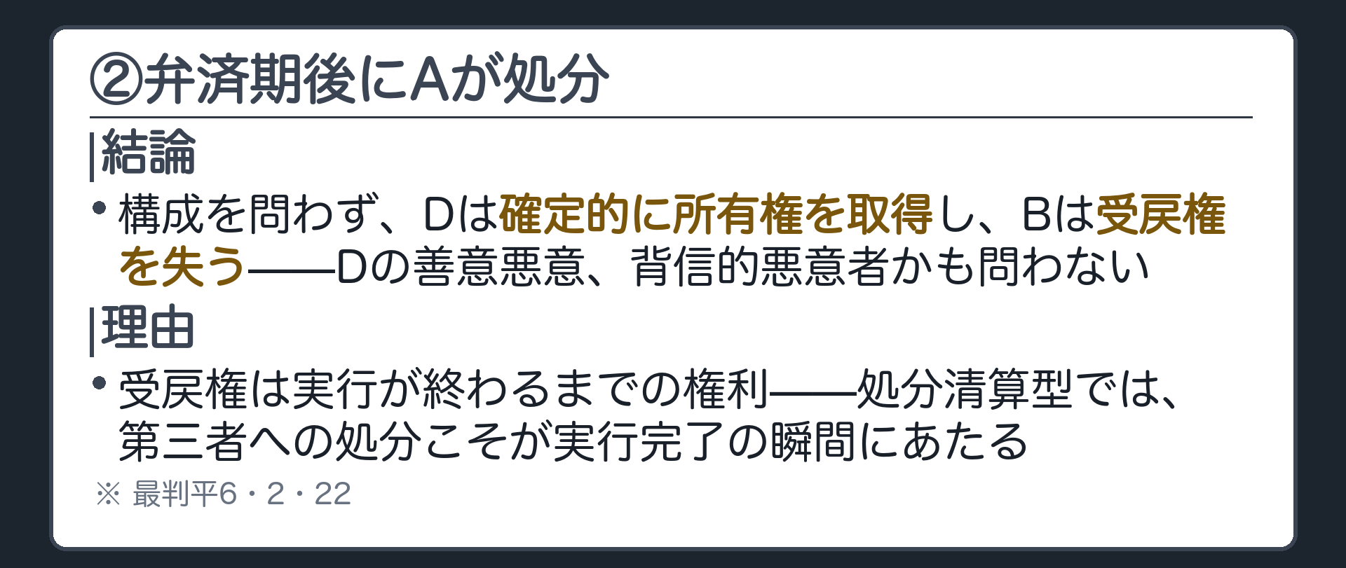 ②のマス。構成を問わず、譲受人が確定的に取得しBは受戻権を失う。譲受人の善意悪意・背信的悪意者かは問わない。理由=受戻権は実行完了まで、処分清算型は第三者への処分が実行完了時点にあたる。