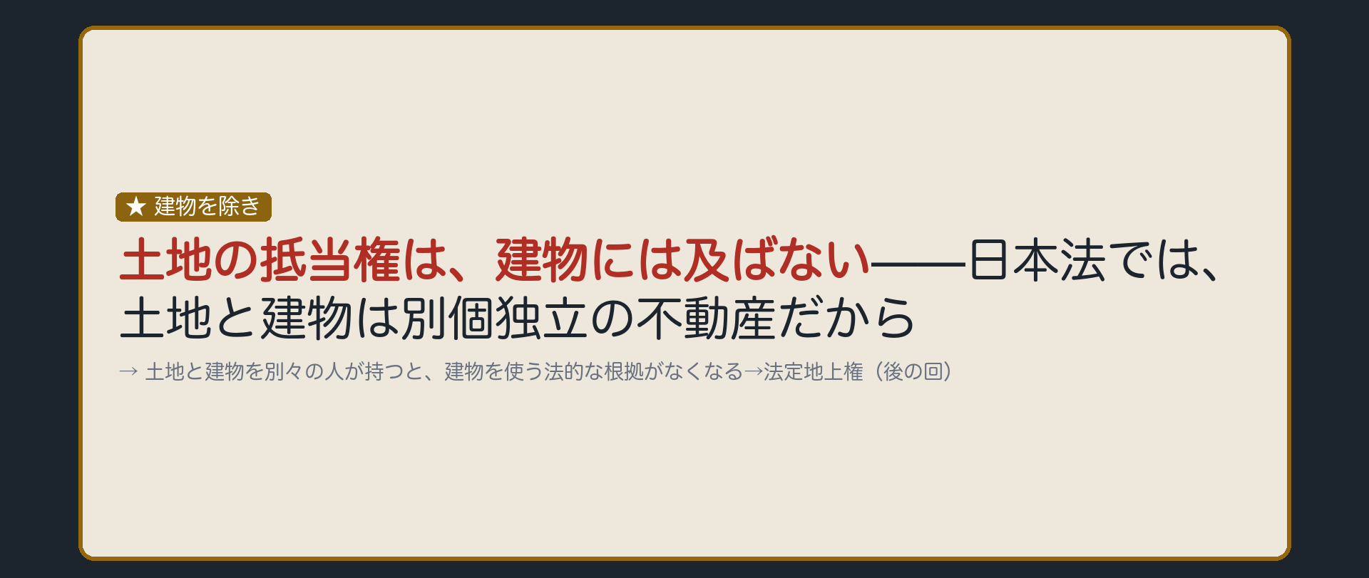 一言板。「抵当地の上に存する建物を除き」=日本法では土地と建物は別個独立の不動産。土地の抵当権は、その上の建物には及ばない。土地と建物を別の人が持てることの伏線として、法定地上権という論点が後の回で出てくる。