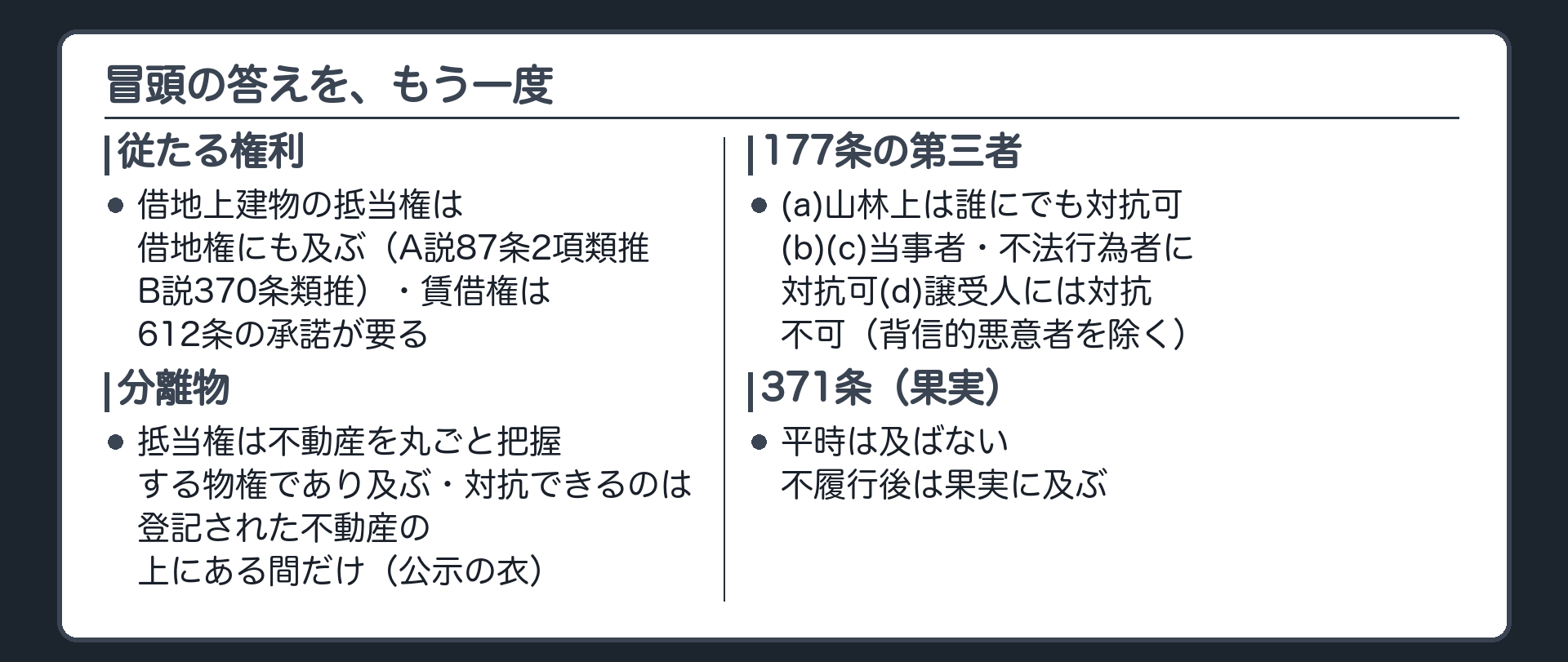 まとめ板。従たる権利=借地上建物の抵当権は借地権にも及ぶ(A説87条2項類推/B説370条類推)、賃借権は612条の承諾が要る→分離物=抵当権は不動産を丸ごと把握する物権であり及ぶ、対抗できるかは登記された不動産の上にある間だけ(公示の衣)→177条の第三者で(a)山林上は誰にでも対抗可(b)(c)当事者・不法行為者に対抗可(d)譲受人には対抗不可(背信的悪意者を除く)→371条=平時は及ばない・不履行後は果実に及ぶ。