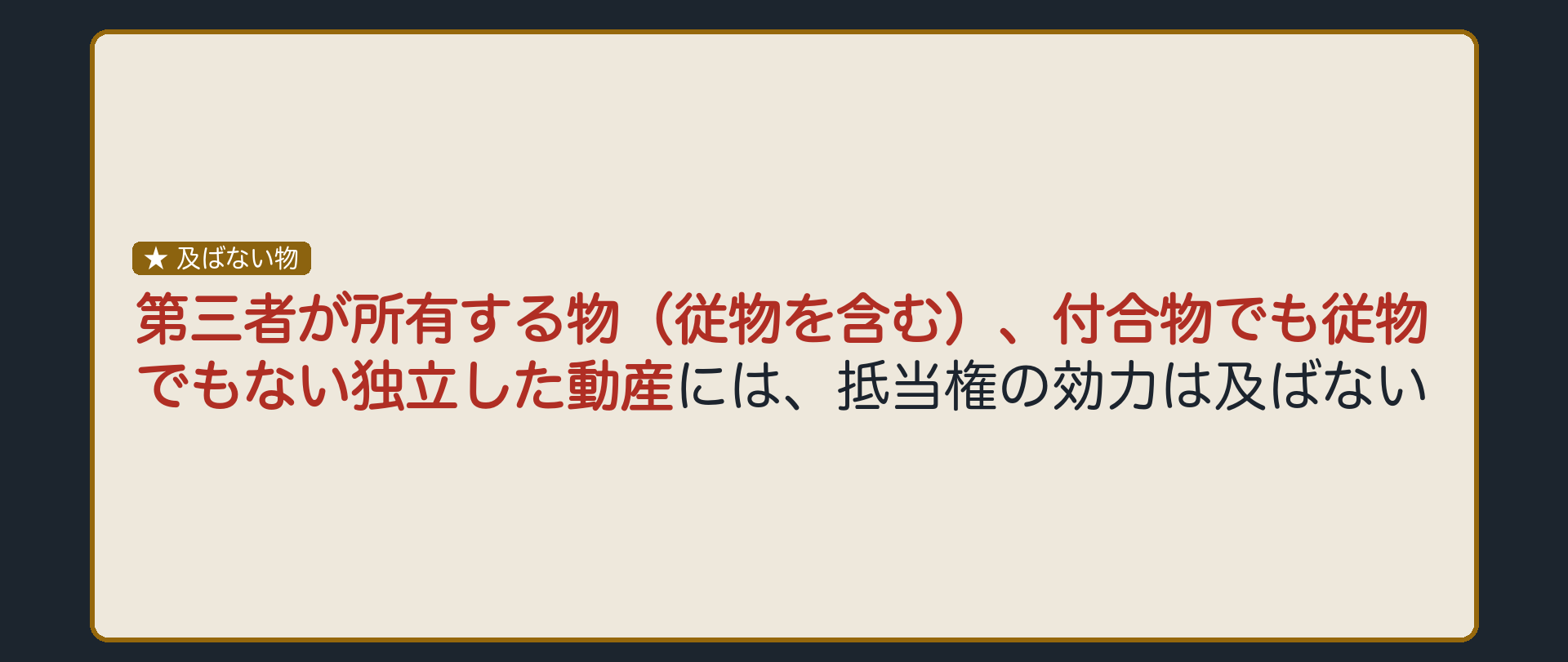及ばない物の板。第三者が所有する物(従物を含む)、付合物でも従物でもない独立した動産には、抵当権の効力は及ばない。