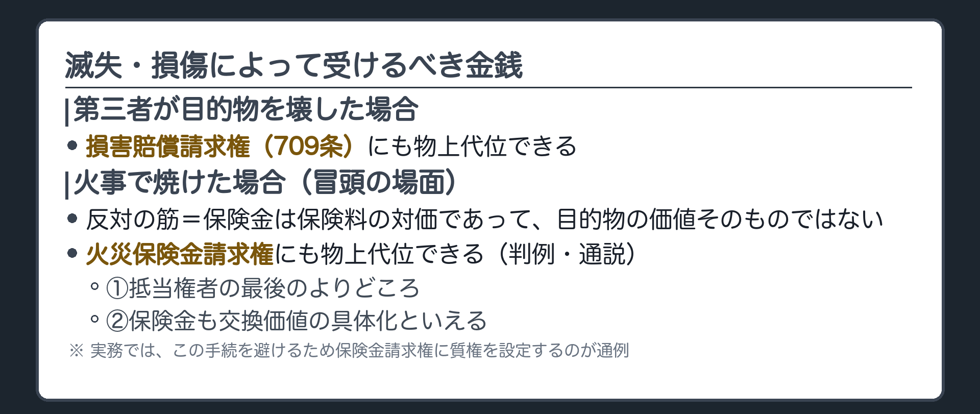 滅失・損傷の板。第三者が目的物を壊した場合=損害賠償請求権(709条)にも物上代位できる。火災保険金請求権にも物上代位できる(判例・通説)。反対の筋=保険金は保険料の対価であって目的物の価値そのものではない。肯定の理由=①抵当権者の最後のよりどころ②保険金も交換価値の具体化といえる。実務では、この手続を避けるため保険金請求権に質権を設定するのが通例。