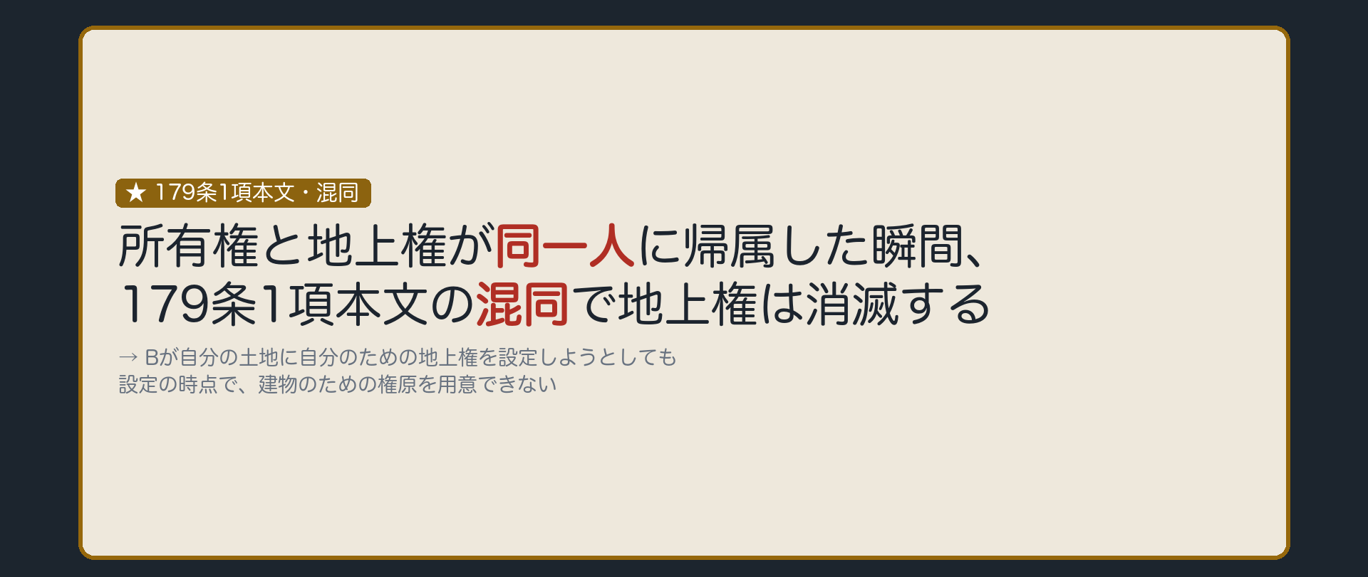 自己借地権が作れない理由の板。抵当権を設定する時点で、Bは土地も建物も両方所有している。Bが自分の土地に自分のための地上権を設定しようとしても、所有権と地上権が同一人に帰属した瞬間、179条1項本文の混同で地上権は消滅する。だから設定時に権原を用意できない。
