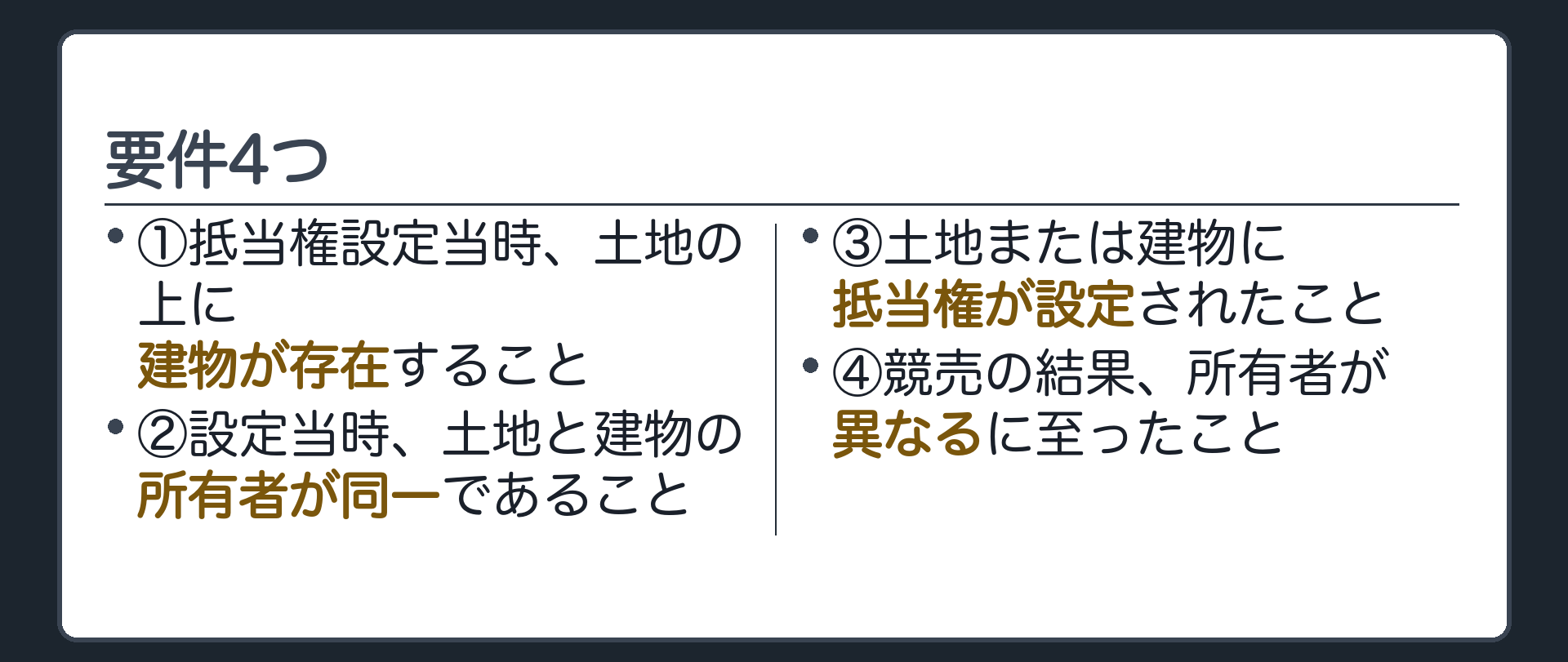 要件4つの板。①抵当権設定当時、土地の上に建物が存在すること②設定当時、土地と建物の所有者が同一であること③土地または建物に抵当権が設定されたこと④競売の結果、所有者が異なるに至ったこと。