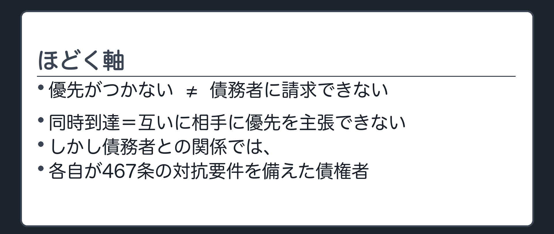 ほどく軸。「優先がつかない」と「債務者に請求できない」は別。同時=互いに相手に優先を主張できない。しかし債務者との関係では、各自が467条の対抗要件を備えた債権者。