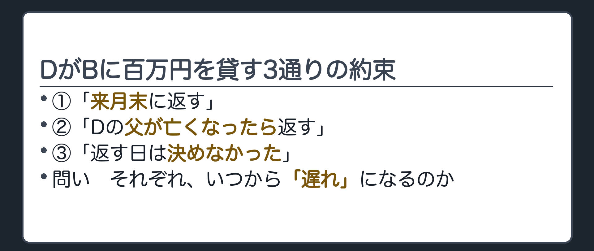 冒頭の板。DがBに百万円を貸す3通りの約束。①「来月末に返す」②「Dの父が亡くなったら返す」③「返す日は決めなかった」。問い=それぞれ、いつから「遅れ」になるのか。