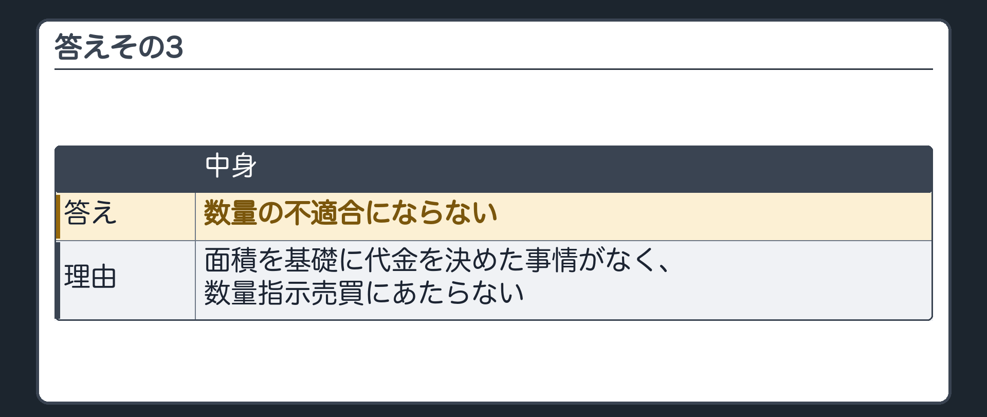 答えその3。数量の不適合にならない。面積を基礎に代金を決めた事情がなく、数量指示売買にあたらない。