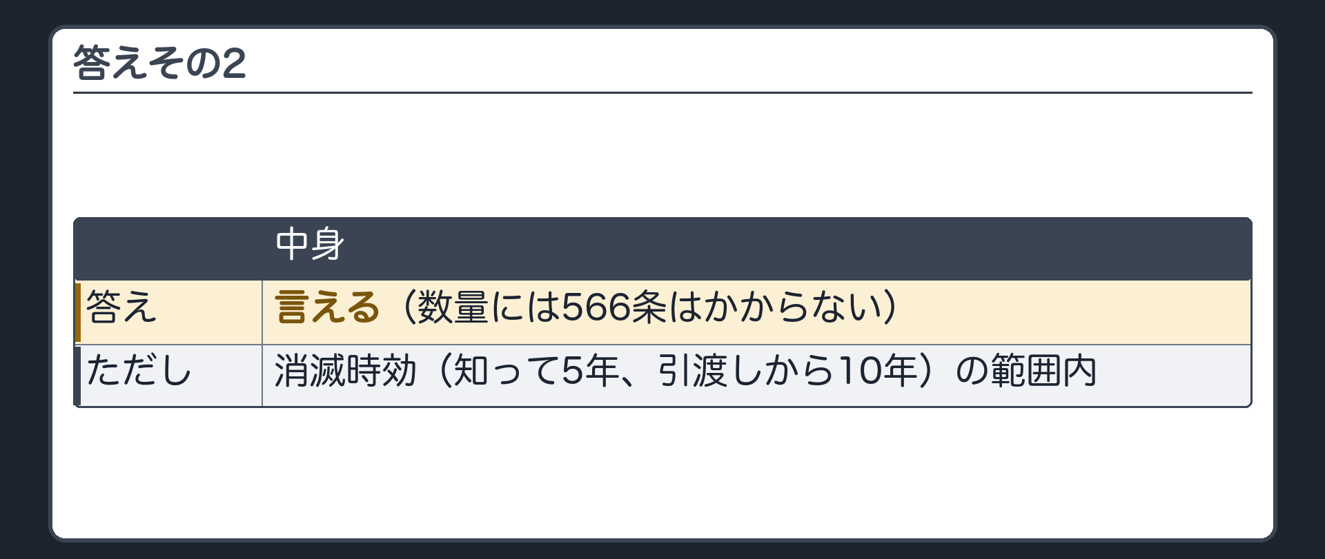 答えその2。言える。数量には566条はかからない。消滅時効(知って5年、引渡しから10年)の範囲内なら言える。