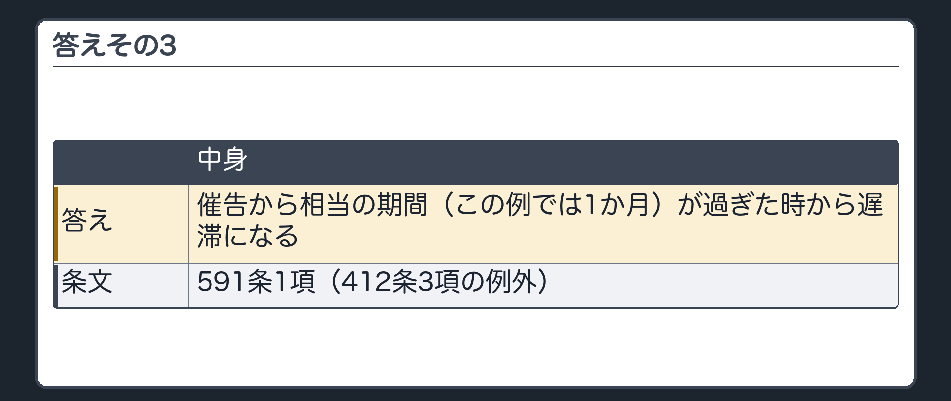 答えその3。催告から相当の期間(この例では1か月)が過ぎた時から遅滞。591条1項(412条3項の例外)。