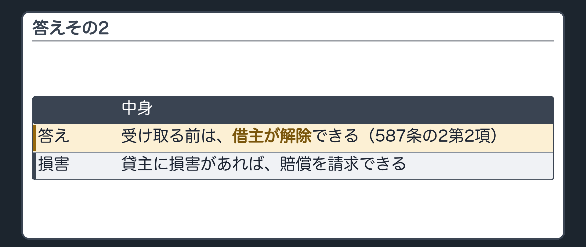答えその2。受け取る前は借主が解除できる(587条の2第2項)。貸主に損害があれば賠償。