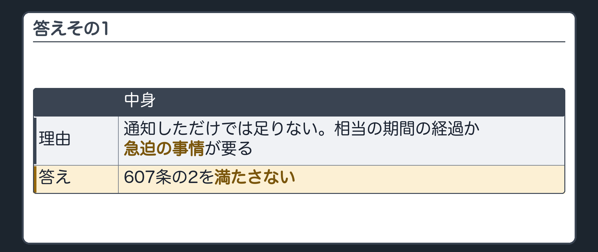 答えその1。通知しただけでは足りない。相当の期間の経過か、急迫の事情が要る=607条の2を満たさない。