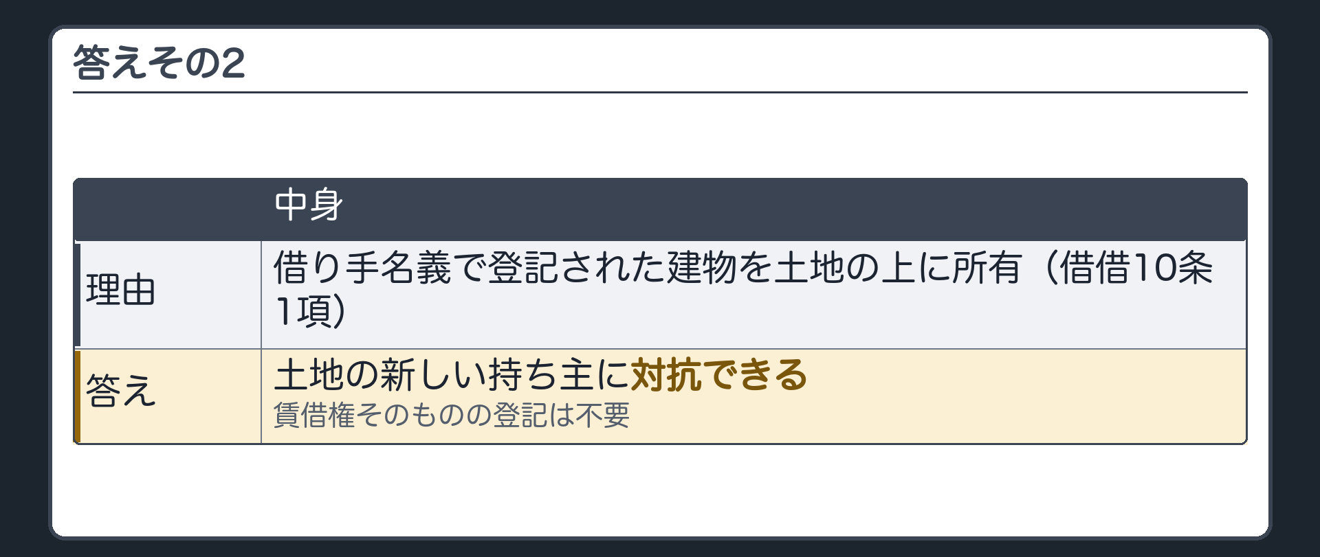 答えその2。借り手名義で登記された建物を土地の上に所有=借借10条1項→土地の新しい持ち主に対抗できる。賃借権そのものの登記は不要。
