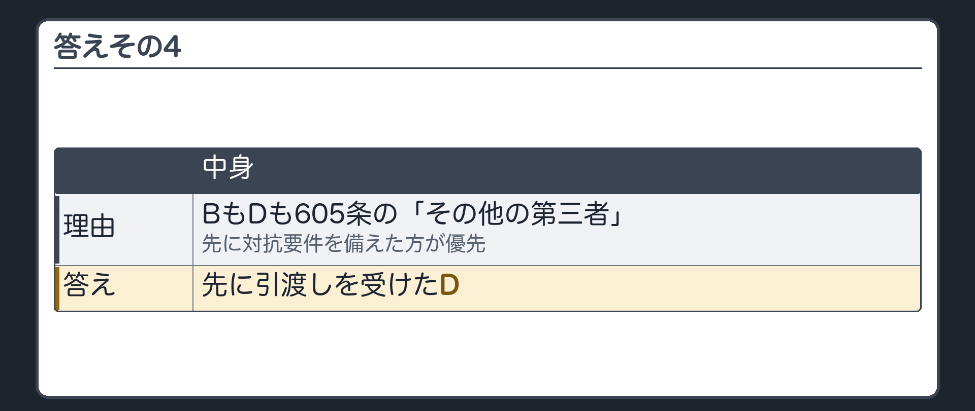 答えその4。二重賃貸借=BもDも605条の「その他の第三者」→先に対抗要件を備えた方が優先→先に引渡しを受けたD。