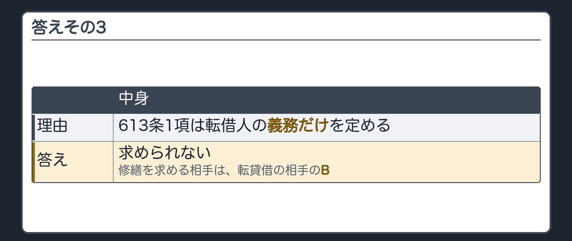 答えその3。613条1項は転借人の義務だけを定める。修繕を求める相手は、転貸借の相手のB。