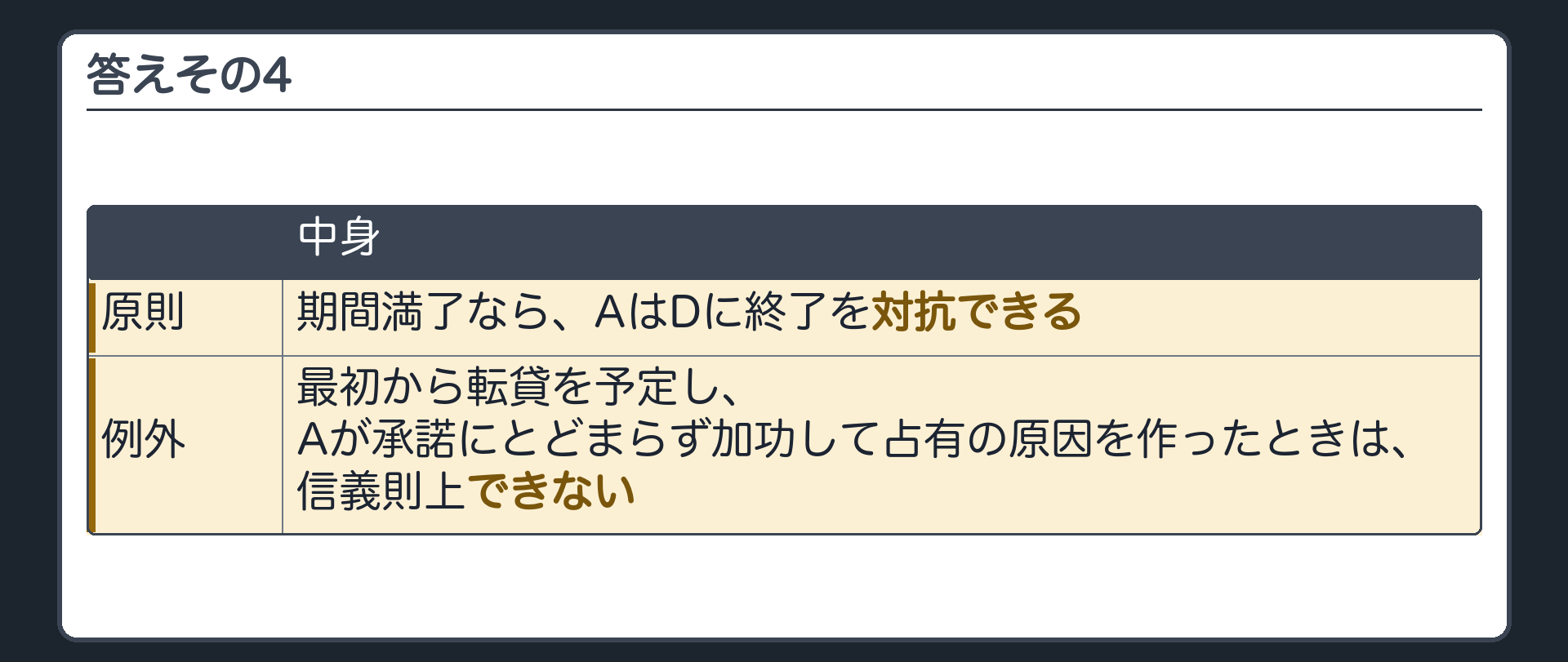 答えその4。原則=期間満了なら、AはDに終了を対抗できる。例外=最初から転貸を予定し、Aが承諾にとどまらず加功して占有の原因を作ったときは、信義則上できない。