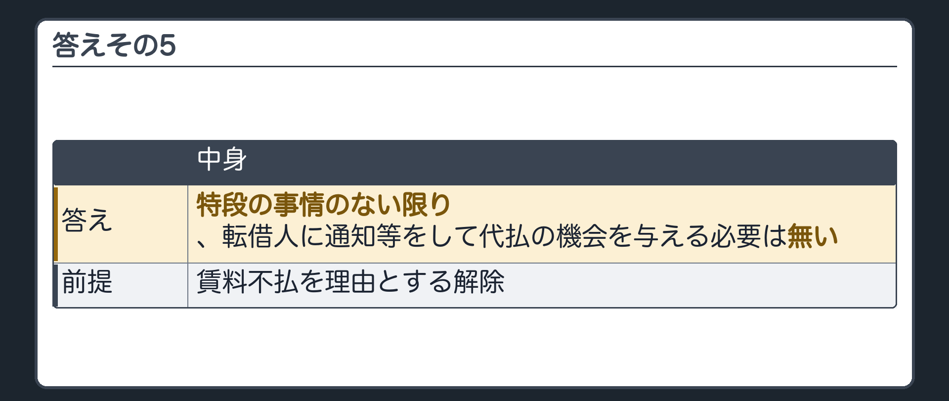 答えその5。賃料不払を理由とする解除では、特段の事情のない限り、転借人に通知等をして代払の機会を与える必要は無い。