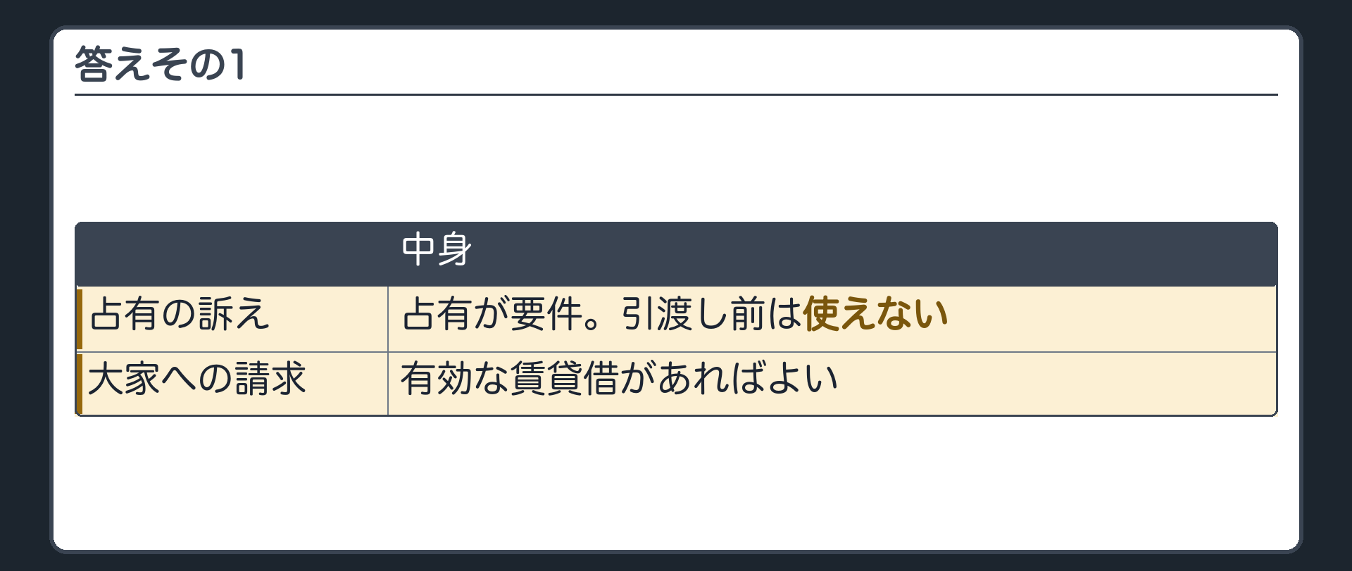 答えその1。占有の訴えは占有が要件で、引渡し前は使えない。大家への請求は有効な賃貸借があればよい。