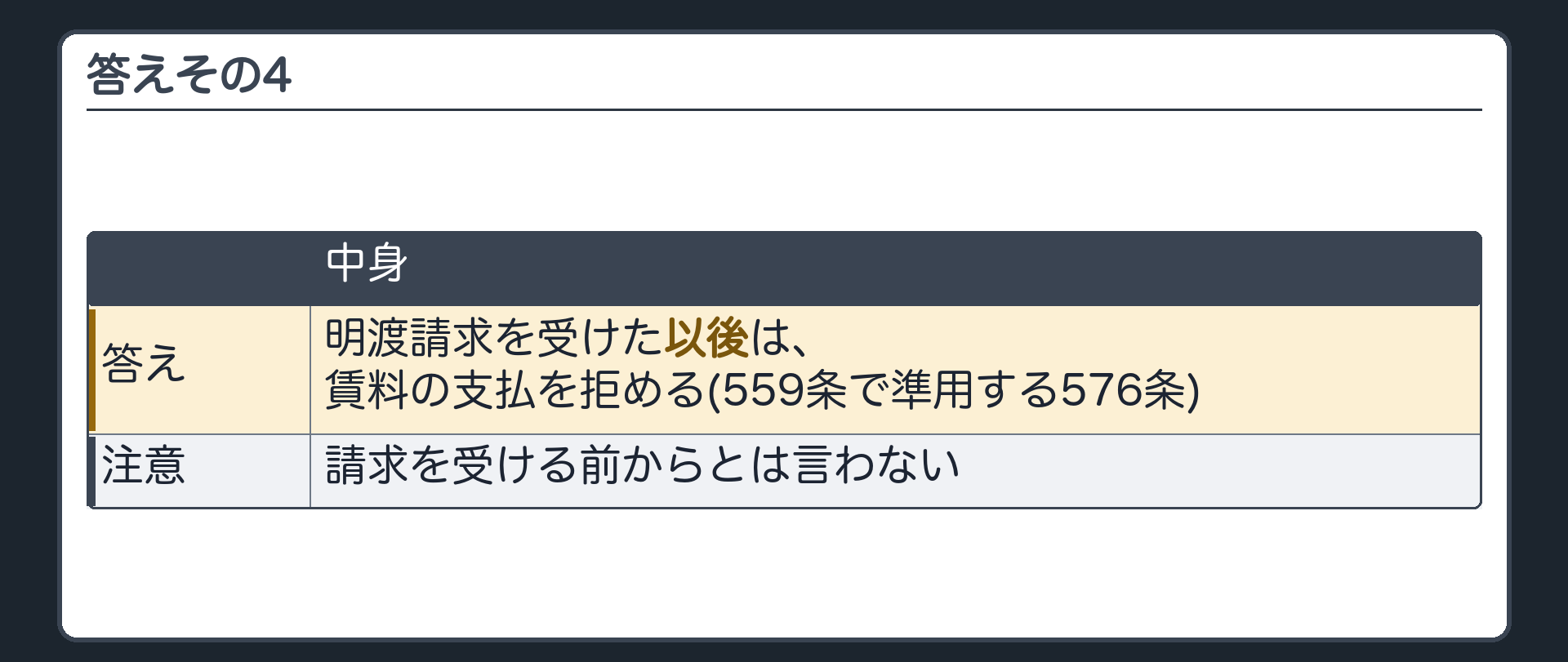 答えその4。明渡請求を受けた以後は賃料の支払を拒める(559条で準用する576条)。請求を受ける前からとは言わない。