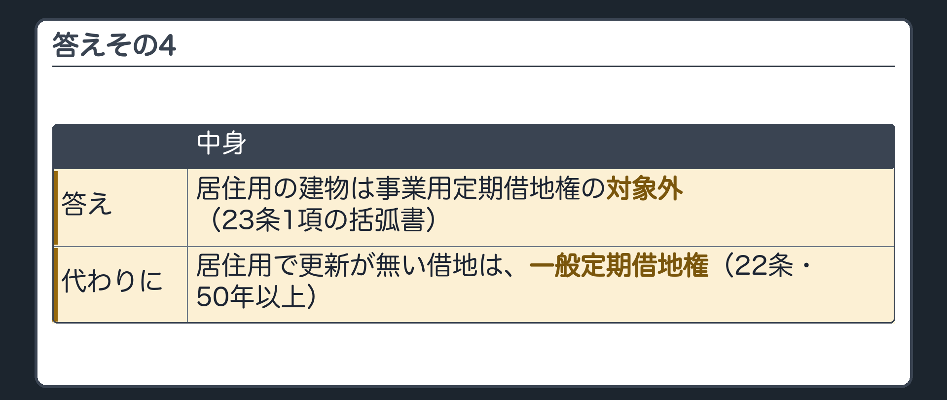 答えその4。居住用の建物は事業用定期借地権の対象外(23条1項の括弧書)。居住用で更新が無い借地は、一般定期借地権(22条・50年以上)。