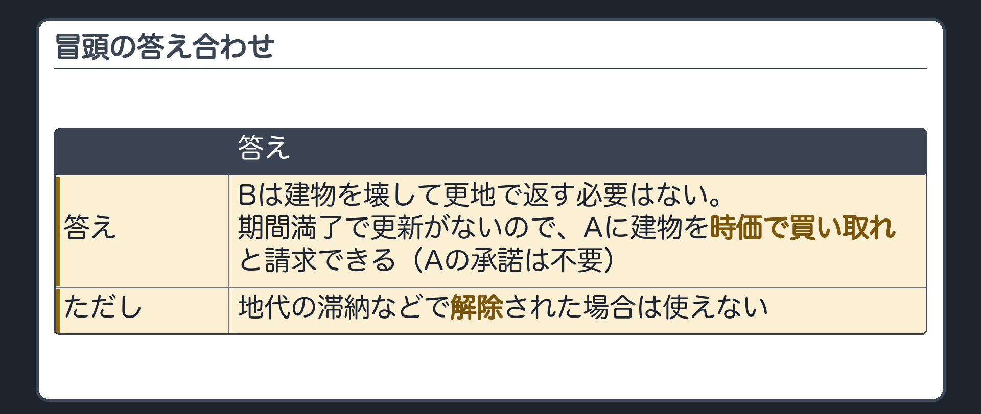 冒頭の答え合わせ。Bは建物を壊して更地で返す必要はない。期間満了で更新がないので、Aに建物を時価で買い取れと請求できる(Aの承諾は不要)。ただし、地代の滞納などで解除された場合は使えない。