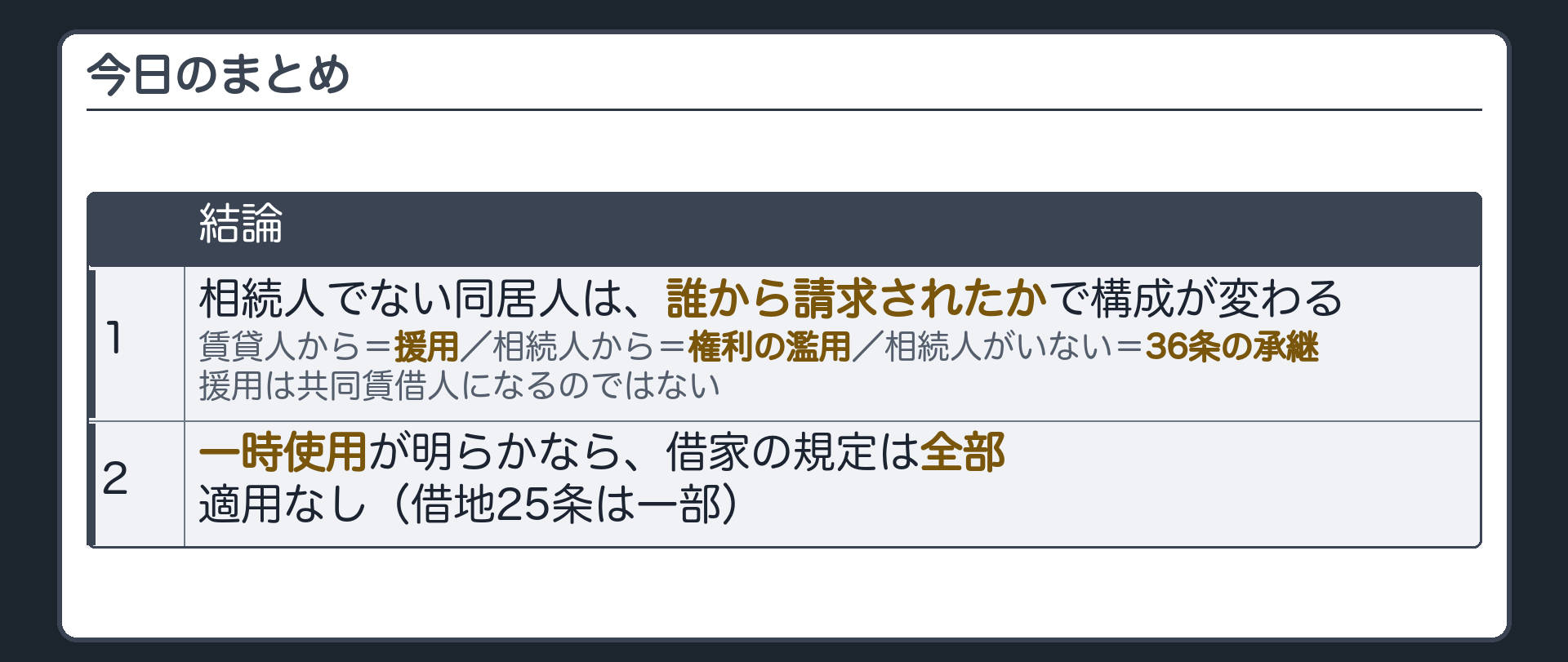 今日のまとめ。1=相続人でない同居人は、誰から請求されたかで構成が変わる(賃貸人から=援用・相続人から=権利の濫用・相続人がいない=36条の承継)。援用は共同賃借人になるのではない。2=一時使用が明らかなら借家の規定は全部適用なし(借地25条は一部)。
