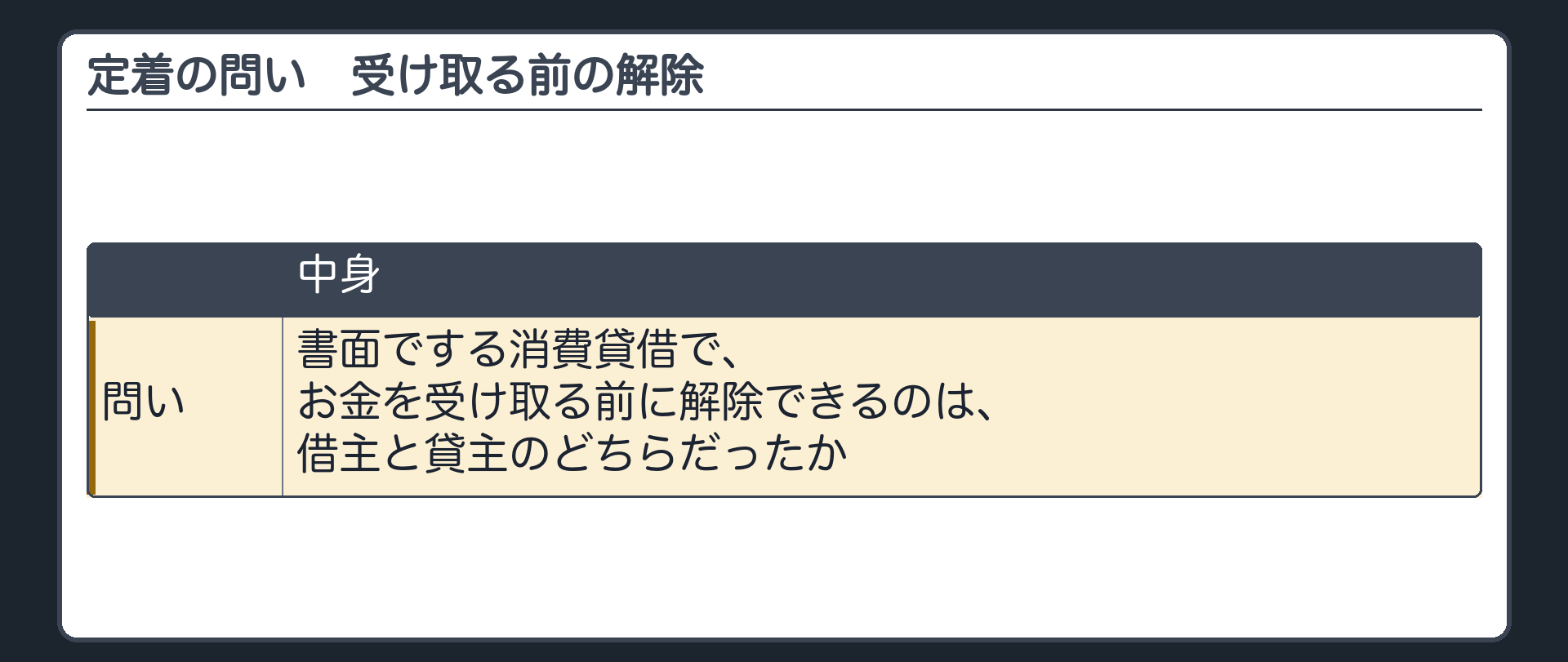 定着の問い（受け取る前の解除）。書面でする消費貸借で、お金を受け取る前に解除できるのは、借主と貸主のどちらだったか。