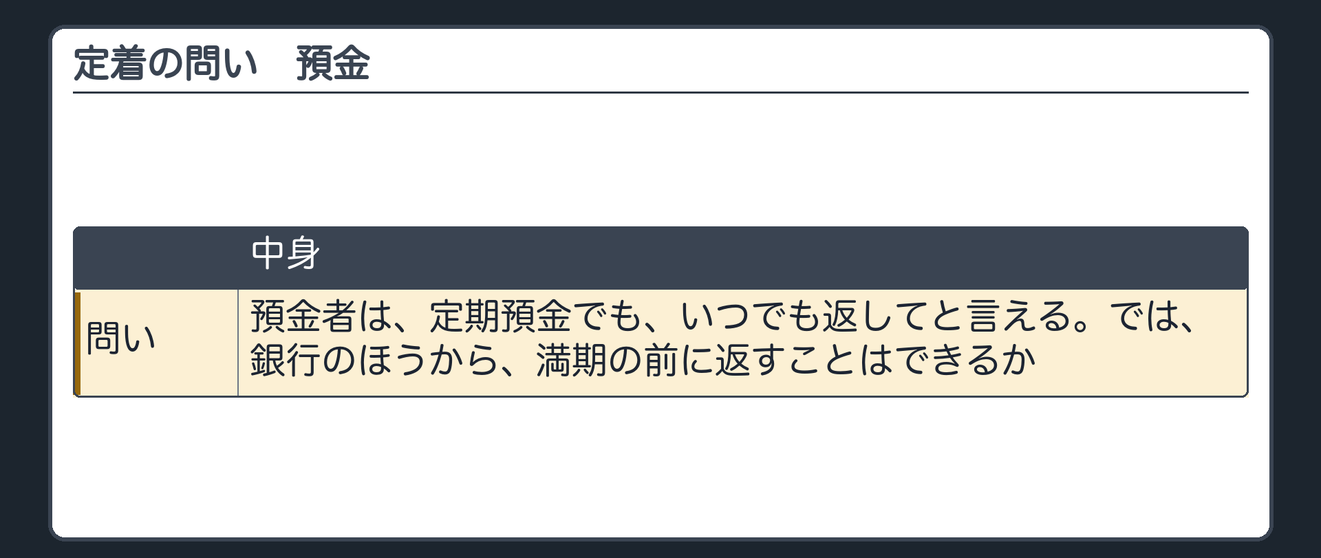 定着の問い（本編）。預金者は、定期預金でも、いつでも返してと言える。では、銀行のほうから、満期の前に返すことはできるか。
