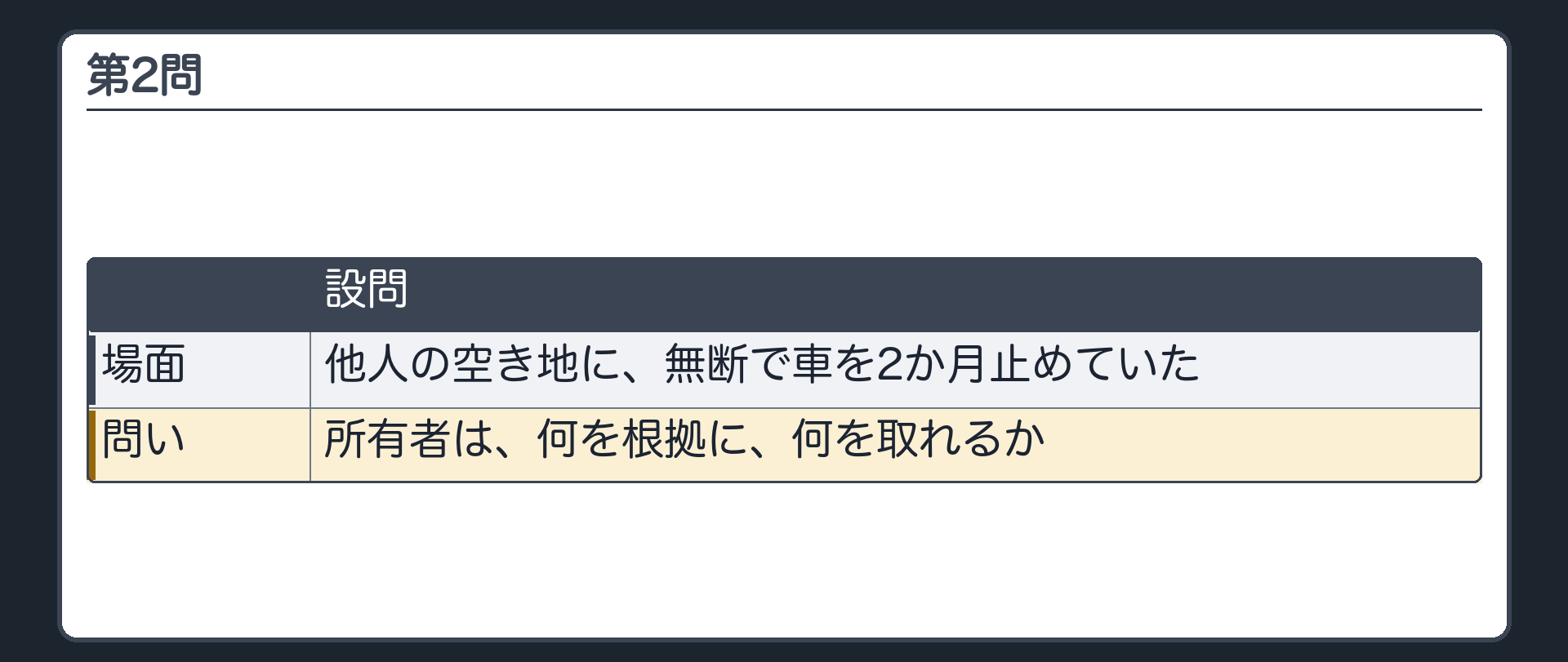 第2問。他人の空き地に、無断で車を2か月止めていた。問い＝所有者は何を根拠に何を取れるか。