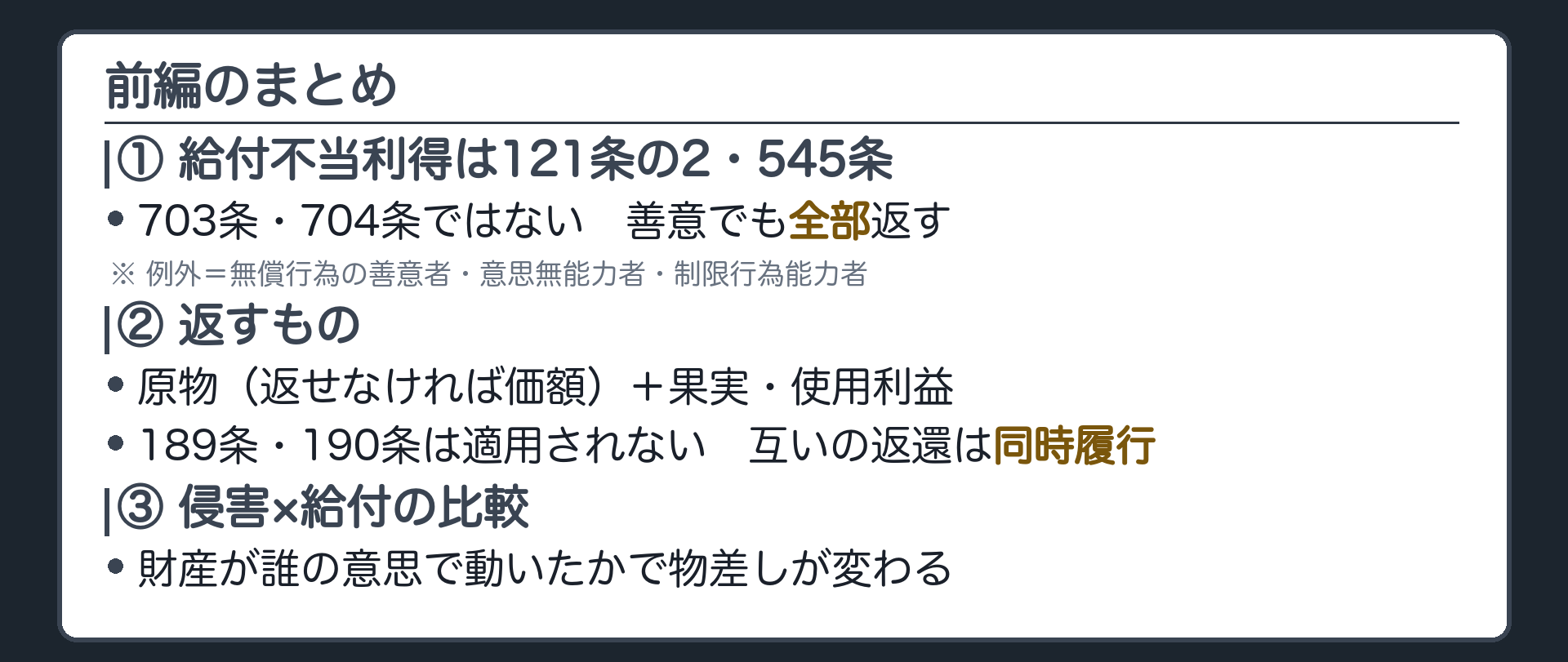 前編のまとめ。①給付不当利得は703条・704条ではなく121条の2・545条（善意でも全部返す。例外＝無償行為の善意者・意思無能力者・制限行為能力者）　②返すのは原物（返せなければ価額）＋果実・使用利益（189条・190条は適用されない）／互いの返還は同時履行　③侵害×給付の比較表。