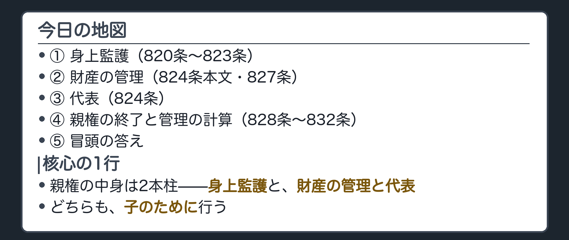 今日の地図。①身上監護（820条〜823条）②財産の管理（824条本文・827条）③代表（824条）④親権の終了と管理の計算（828条〜832条）⑤冒頭の答え。核心の1行＝親権の中身は2本柱。身上監護と、財産の管理と代表。どちらも、子のために行う。